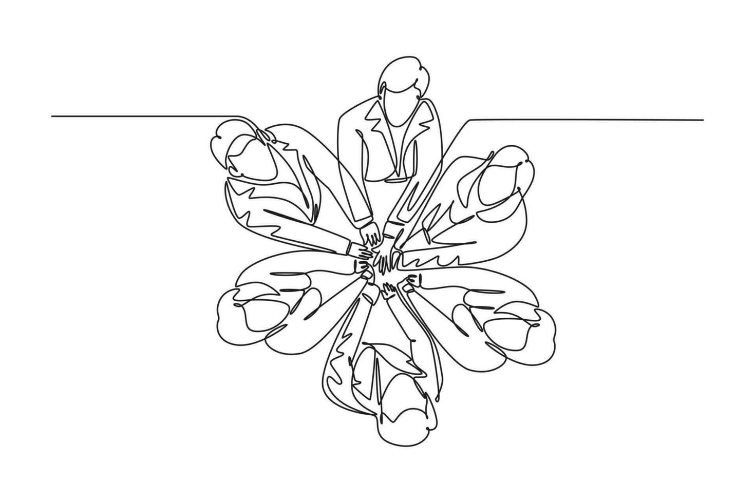 Single one line drawing top view businessmen and business woman handshaking each other. Great teamwork commitment. Business deal concept. Modern continuous line draw design graphic vector illustration