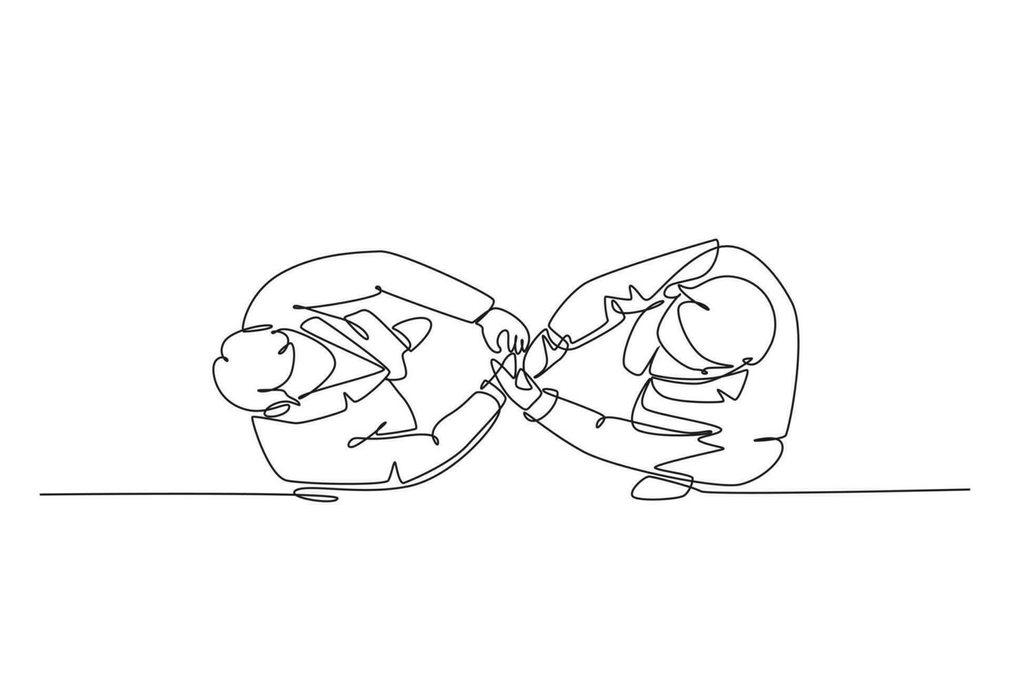 Single one line drawing top view of businessmen handshaking his business partner. Great teamwork. Project business deal and cooperation. Modern continuous line draw design graphic vector illustration