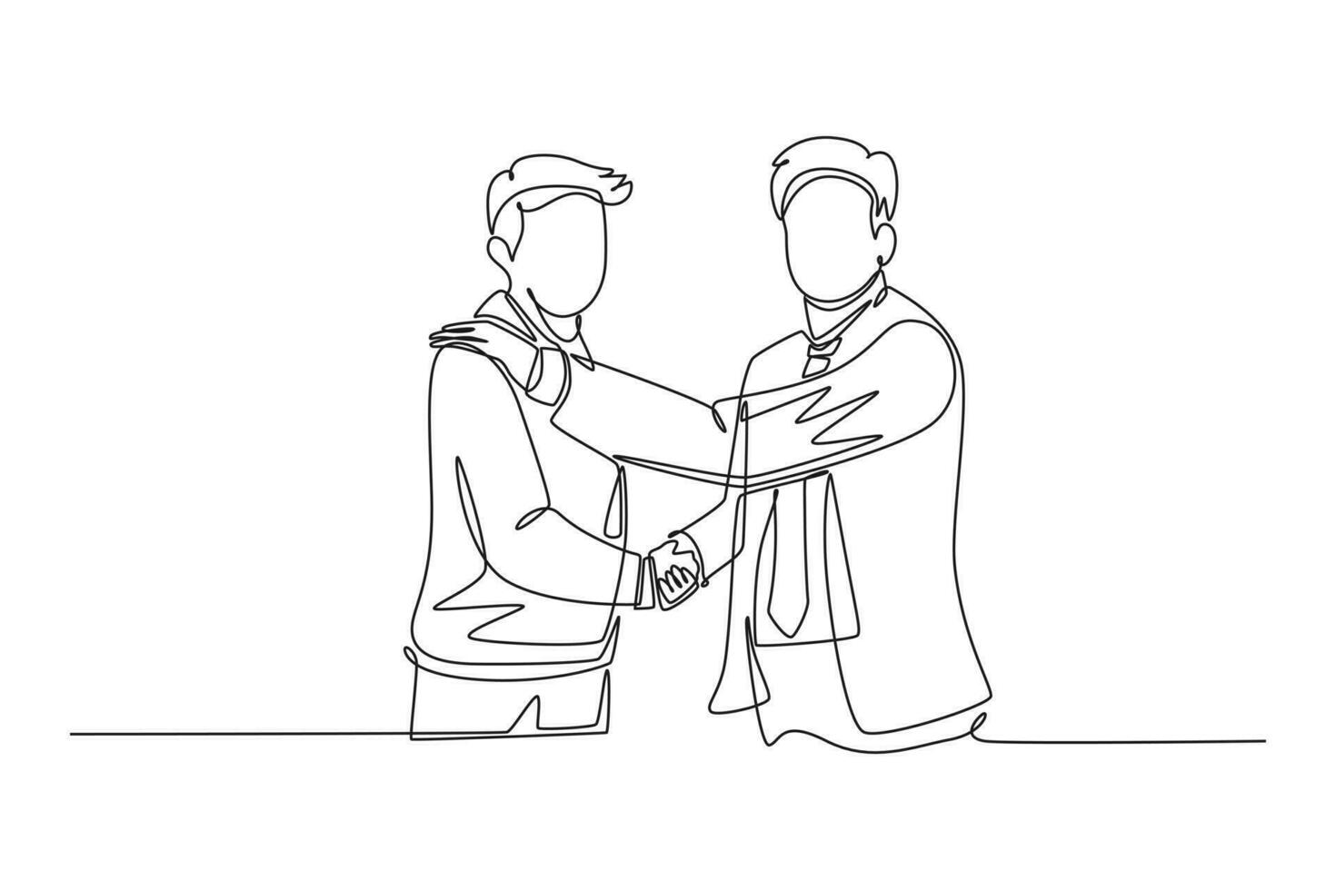 Continuous one line drawing front view businessmen handshaking his business partner after deal big project. Great teamwork. Business deal concept. Single line draw design vector graphic illustration