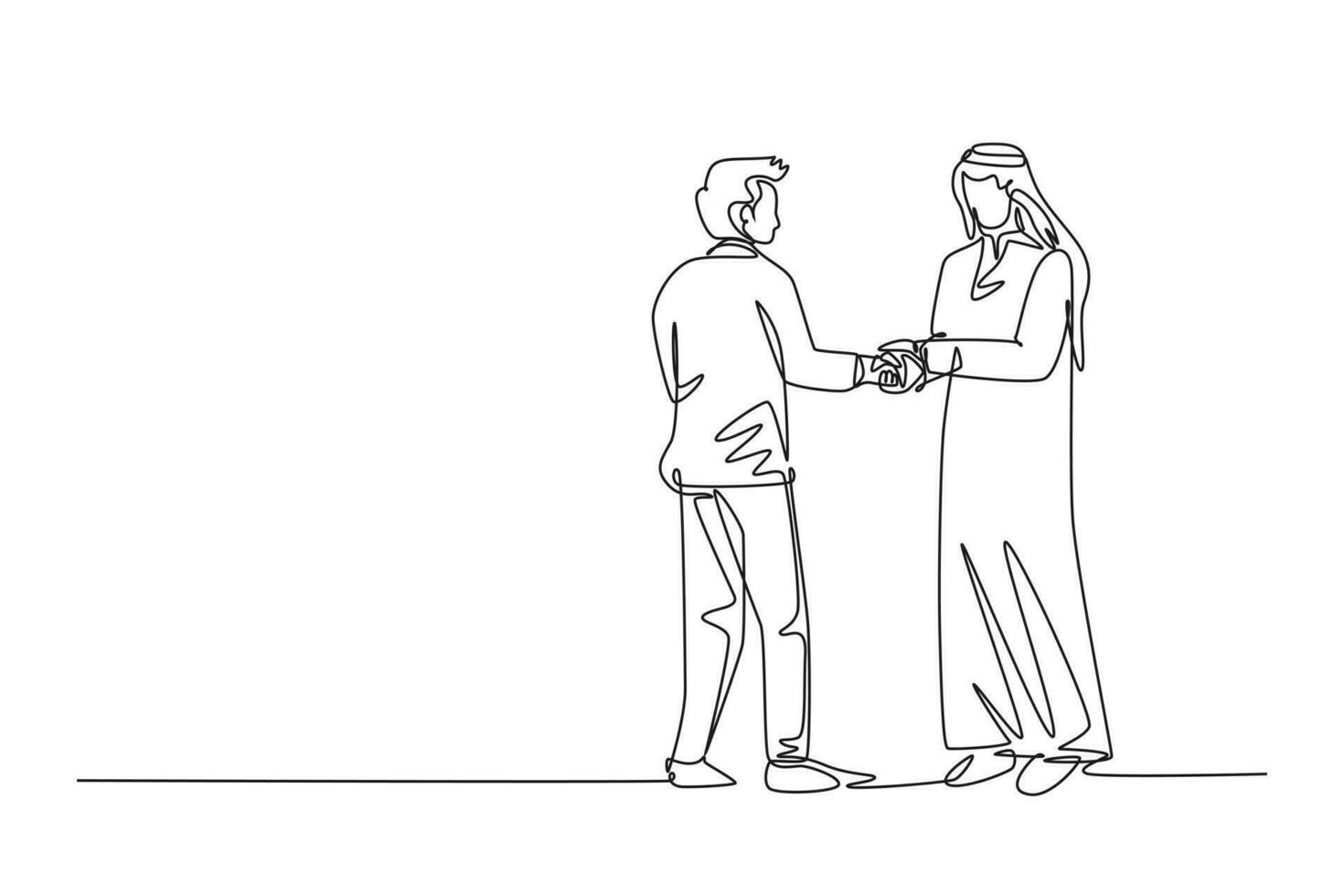 Single one line drawing businessmen handshaking his Arabian business partner. Great teamwork. Business project deal cooperation concept. Modern continuous line draw design graphic vector illustration