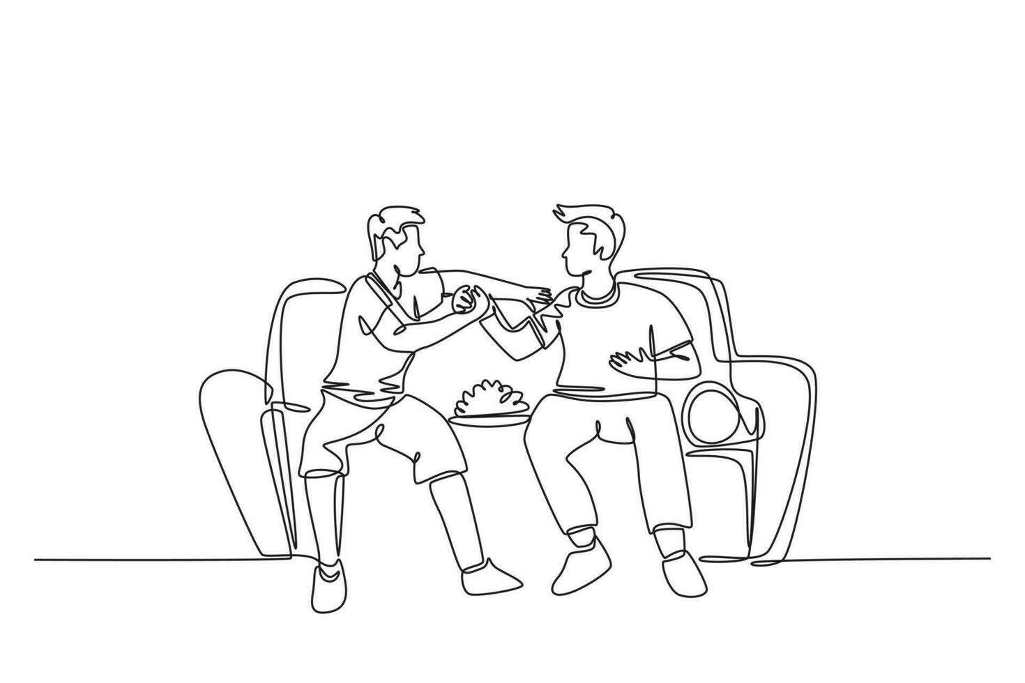 Single continuous line drawing of two young men soccer fans club handshaking and sitting on a couch to watch football match. Happy soccer fans. Dynamic one line draw graphic design vector illustration