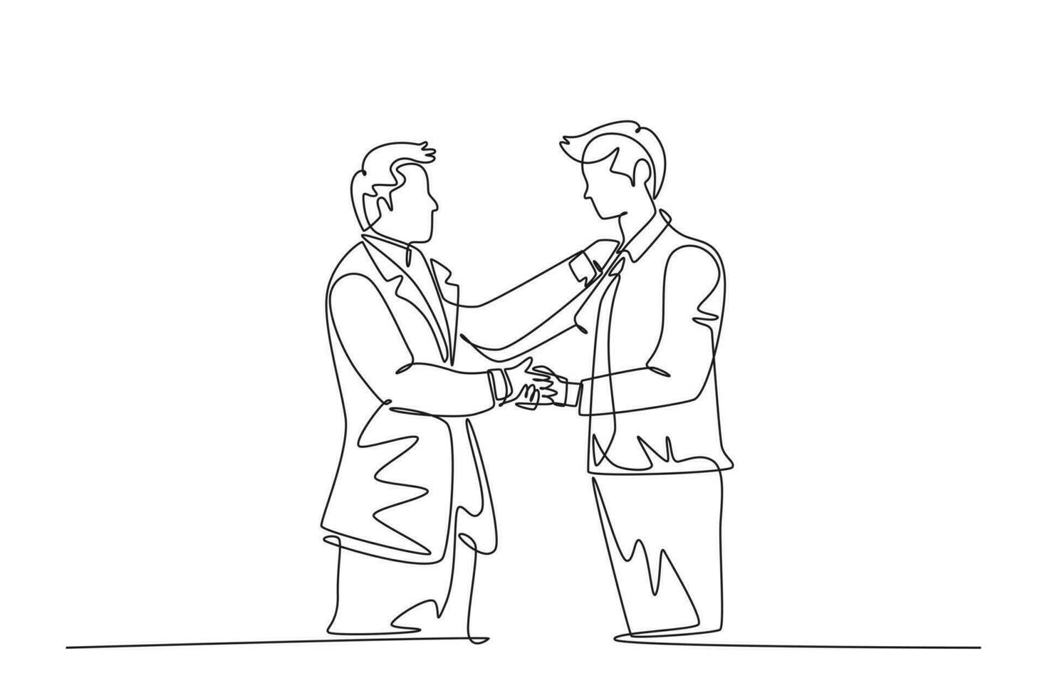 Single continuous line drawing of businessmen handshaking his business partner. Great teamwork. Business deal or strategic cooperation concept. Dynamic one line draw graphic design vector illustration