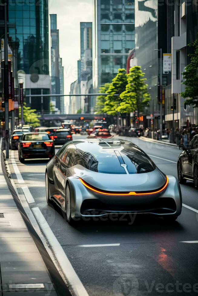 un autónomo eléctrico coche cambios carriles y adelanta un vehículo en el ciudad foto