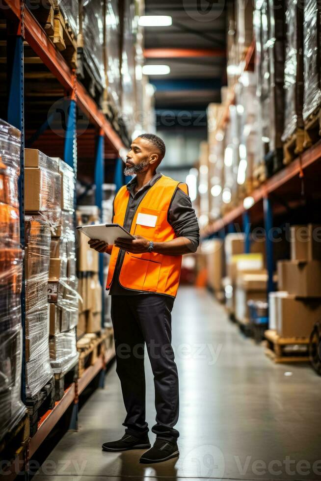 Worker in retail warehouse uses tablet to check stock and inventory working in logistics and distribution photo