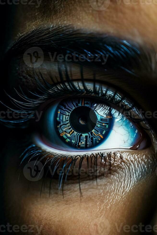 Close up of female eyes with photorealistic biometrics eye scanning futuristic digital cyber technology and colourful facial recognition on dark background photo