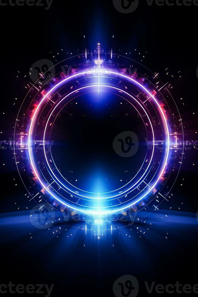 Abstract background with double glowing circle geometric lines connection featuring modern shiny blue and purple tech lines pattern illustrating futuristic technology concept photo