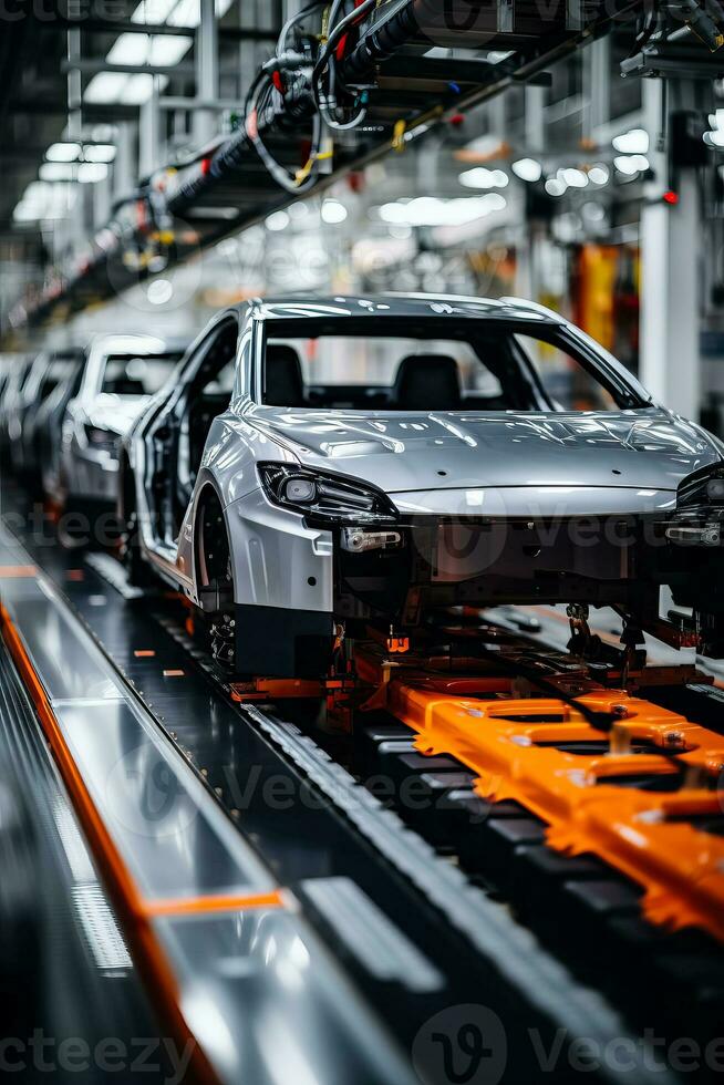 Assembly line for robots with electric car battery module on platform photo