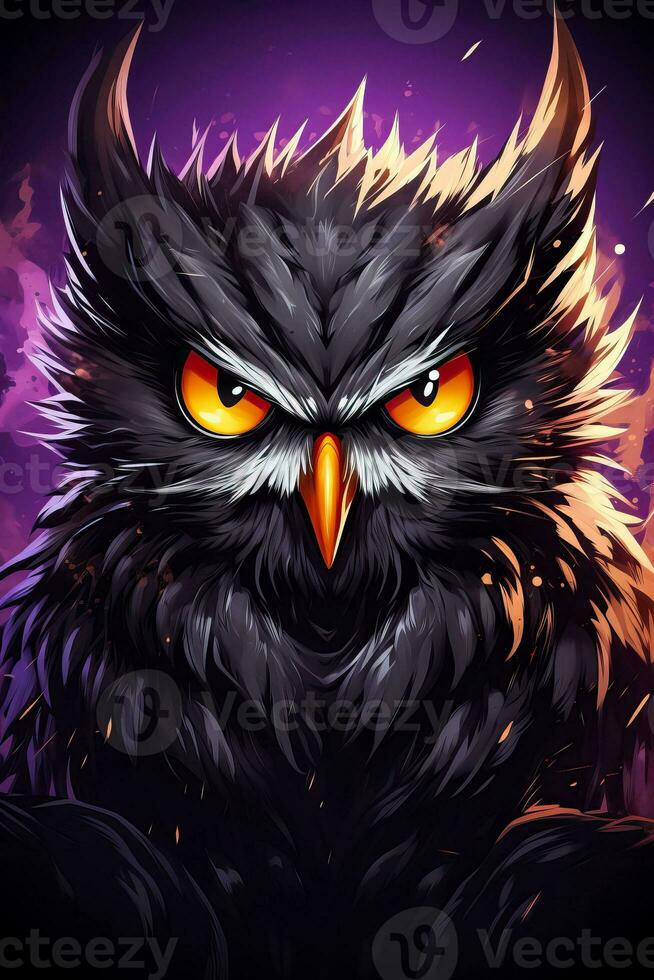 Gaming mascot of Angry Owl the esports team on a T-shirt design template isolated iIllustration photo