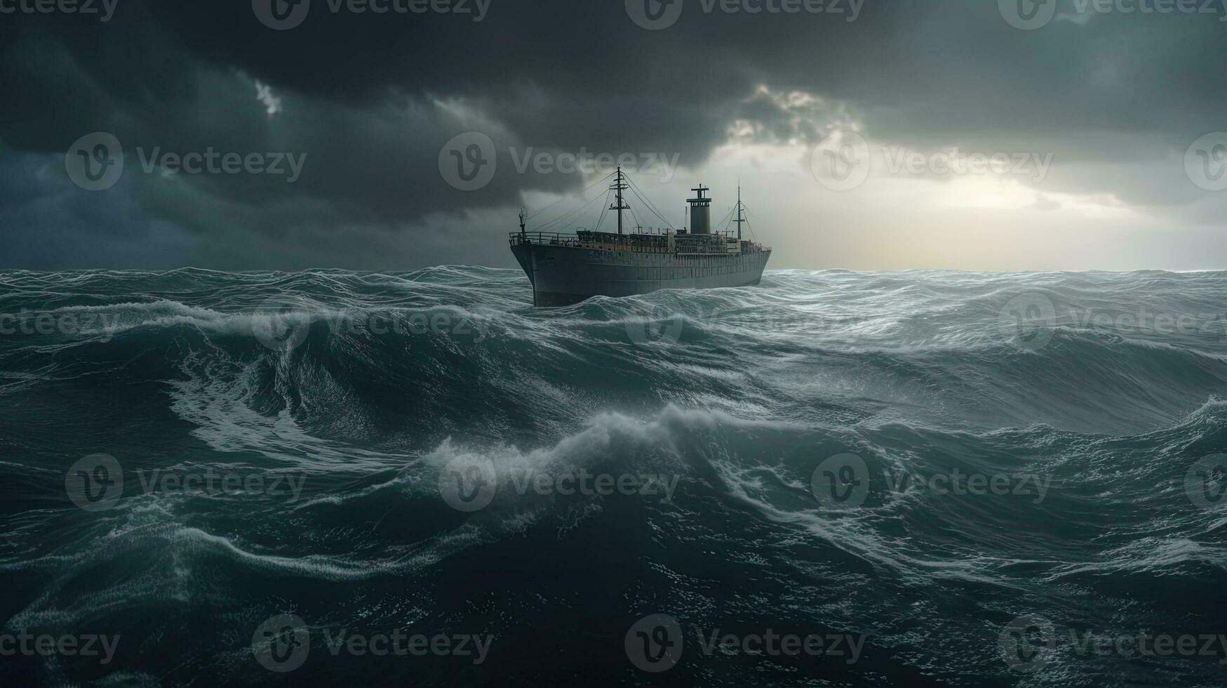 Ship in the stormy sea with huge waves. Giant stormy waves in the ocean and boat. Generated AI. photo