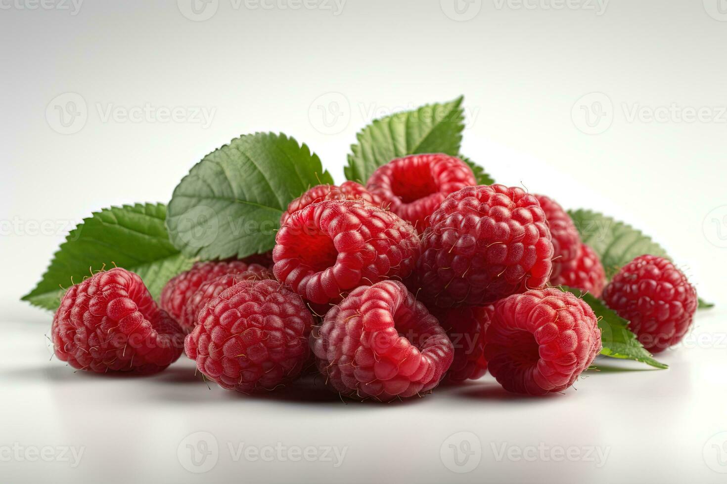 Raspberry on white background. Juicy red berry, fresh and sweet. Generated AI. photo