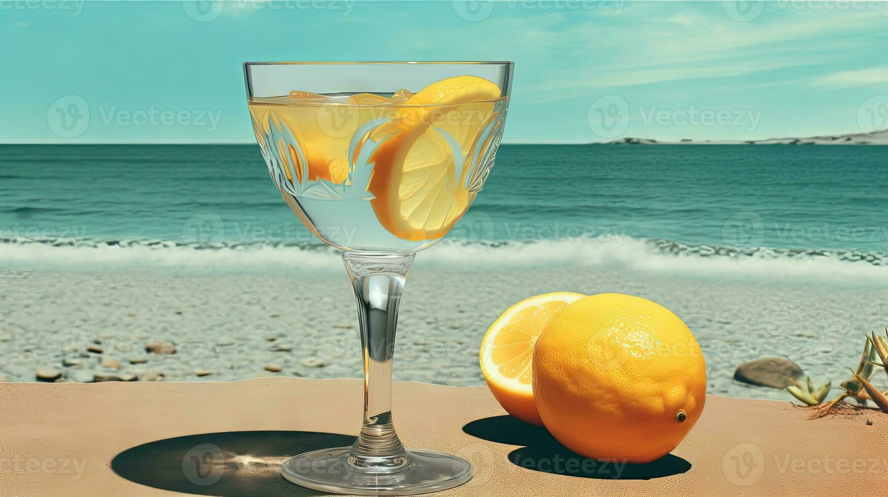 Glass with lemon water in the sand of the beach. Vacation scene with lemonade glass on the shore line. Generative AI photo