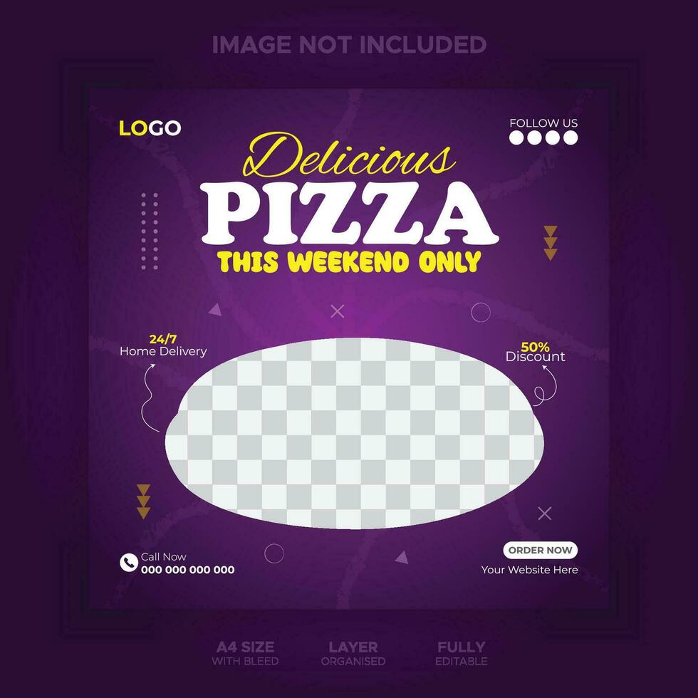 Delicious pizza social media post design template. Fast food social media post design vector. Delicious pizza social media marketing banner. vector