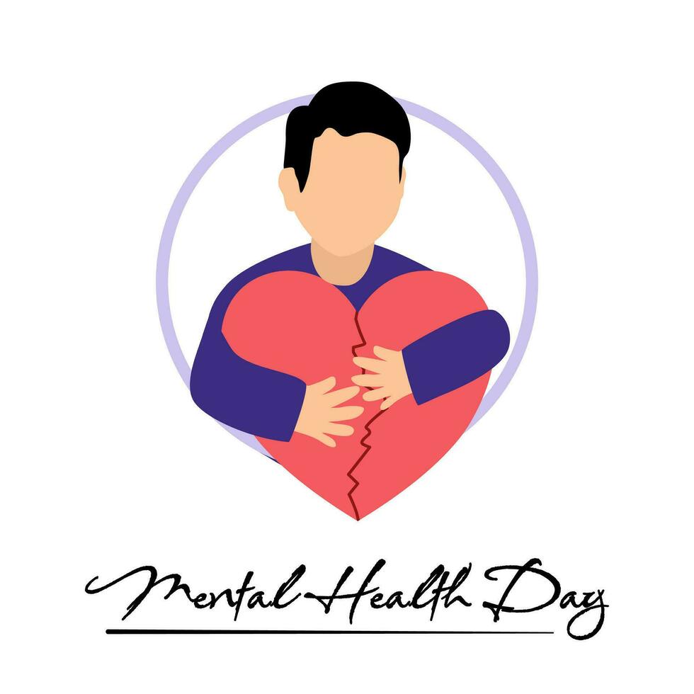 Mental Health Day Celebration. Man Hugs a Broken Heart vector