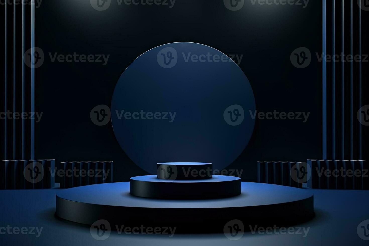 Dark blue pedestal in black room with geometric shapes. Podium for product showcase. Generated AI. photo
