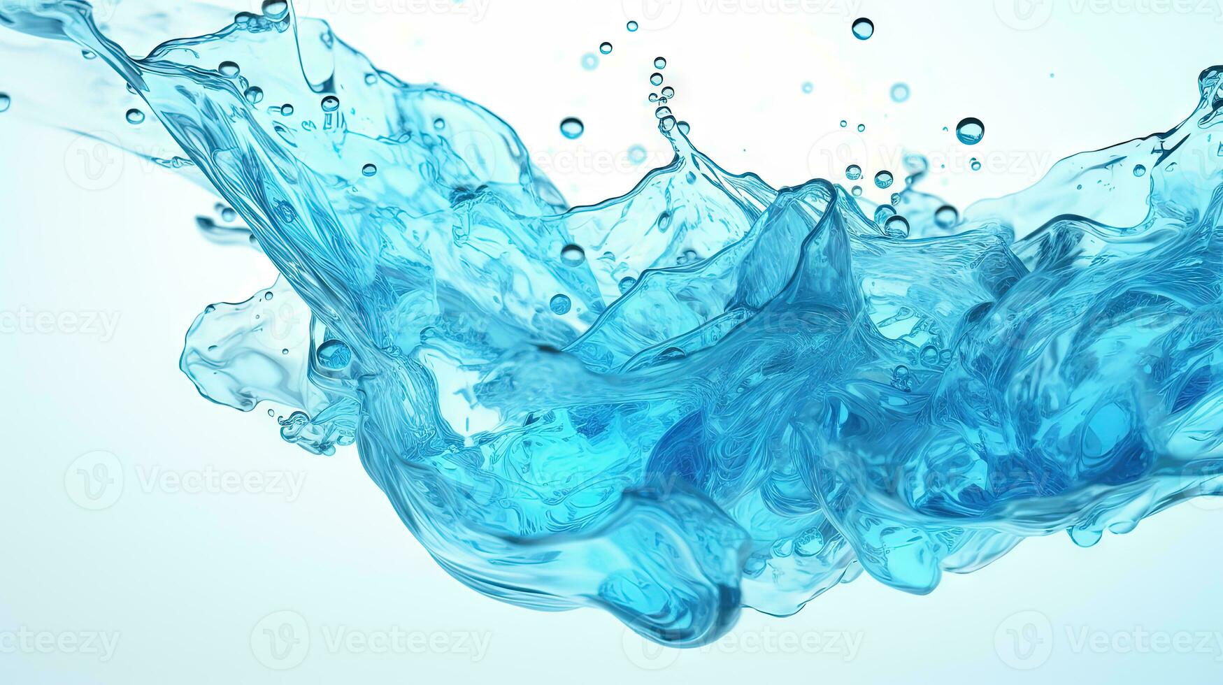 Blue water splash on white background. Liquid drips scattered. Generated AI. photo