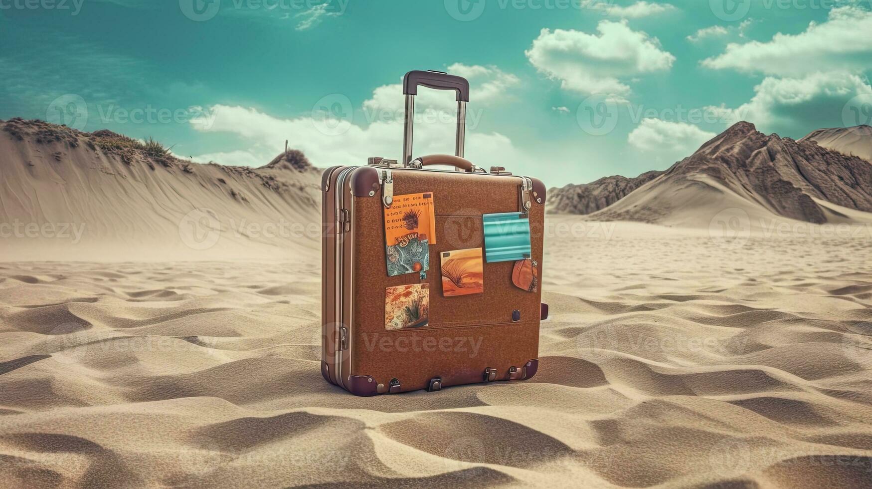 Suitcase in the sand of the beach. Vacation scene with travel case on the shore line. Generative AI. photo