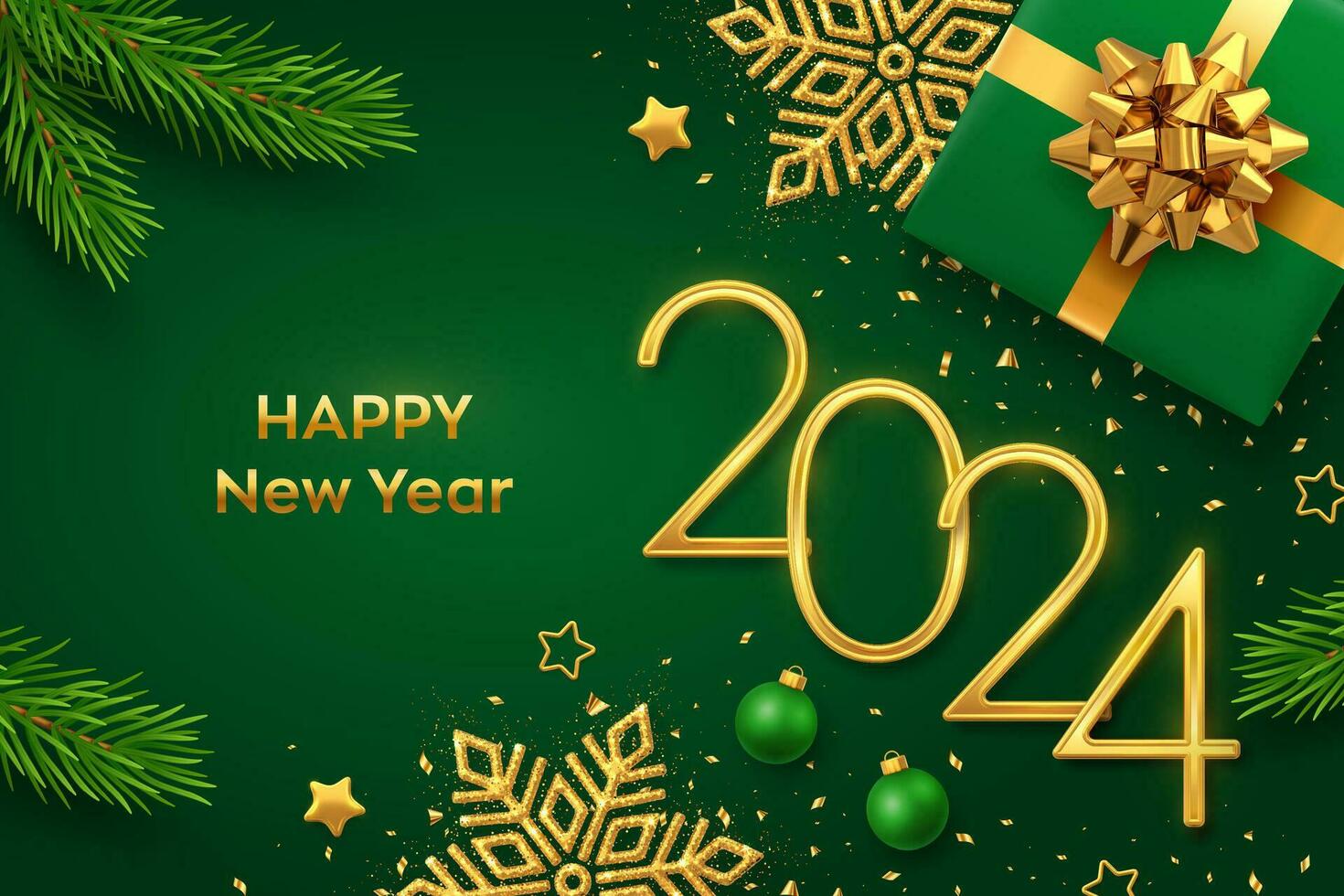 Happy New 2024 Year. Golden metallic numbers 2024 with gift box, shining snowflake, pine branches, stars, balls and confetti on green background. New Year greeting card or banner template. Vector. vector