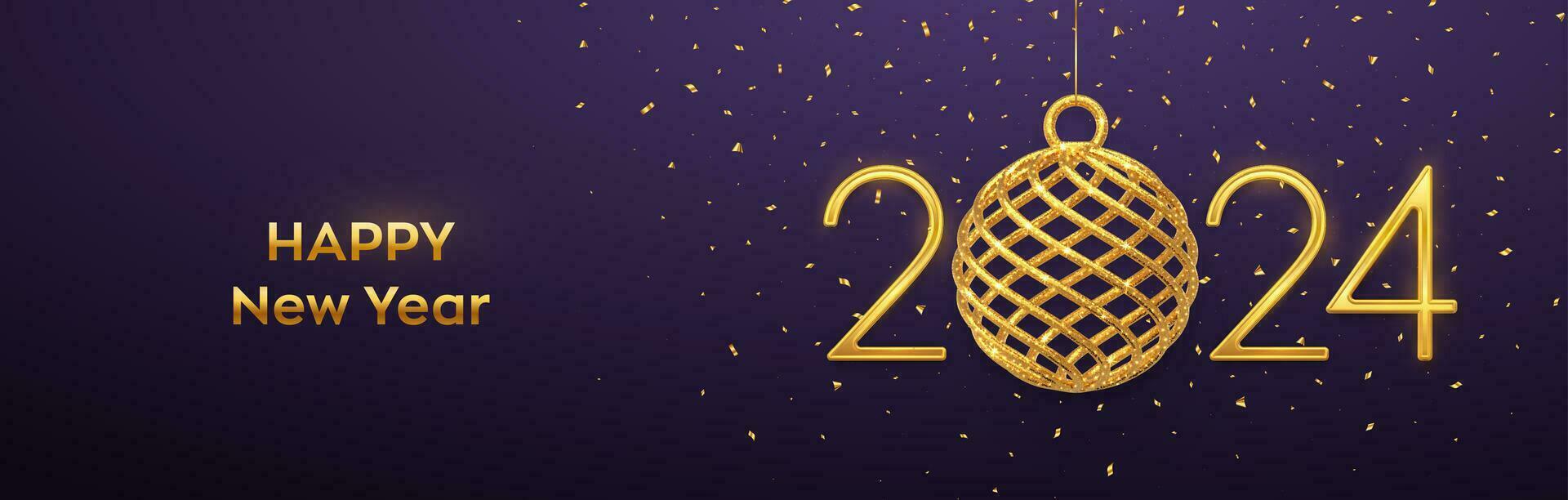 Happy New 2024 Year. Hanging Golden metallic numbers 2024 with shining 3D gold ball bauble and confetti on purple background. New Year greeting card, banner, header template. Vector illustration.