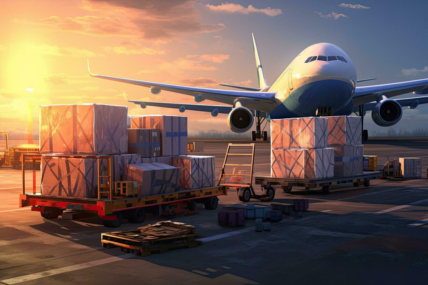 Airplane and cargo in the airport at sunset. 3d rendering, airplane cargo transportation by plane, unloading containers of boxes at the airport, AI Generated photo