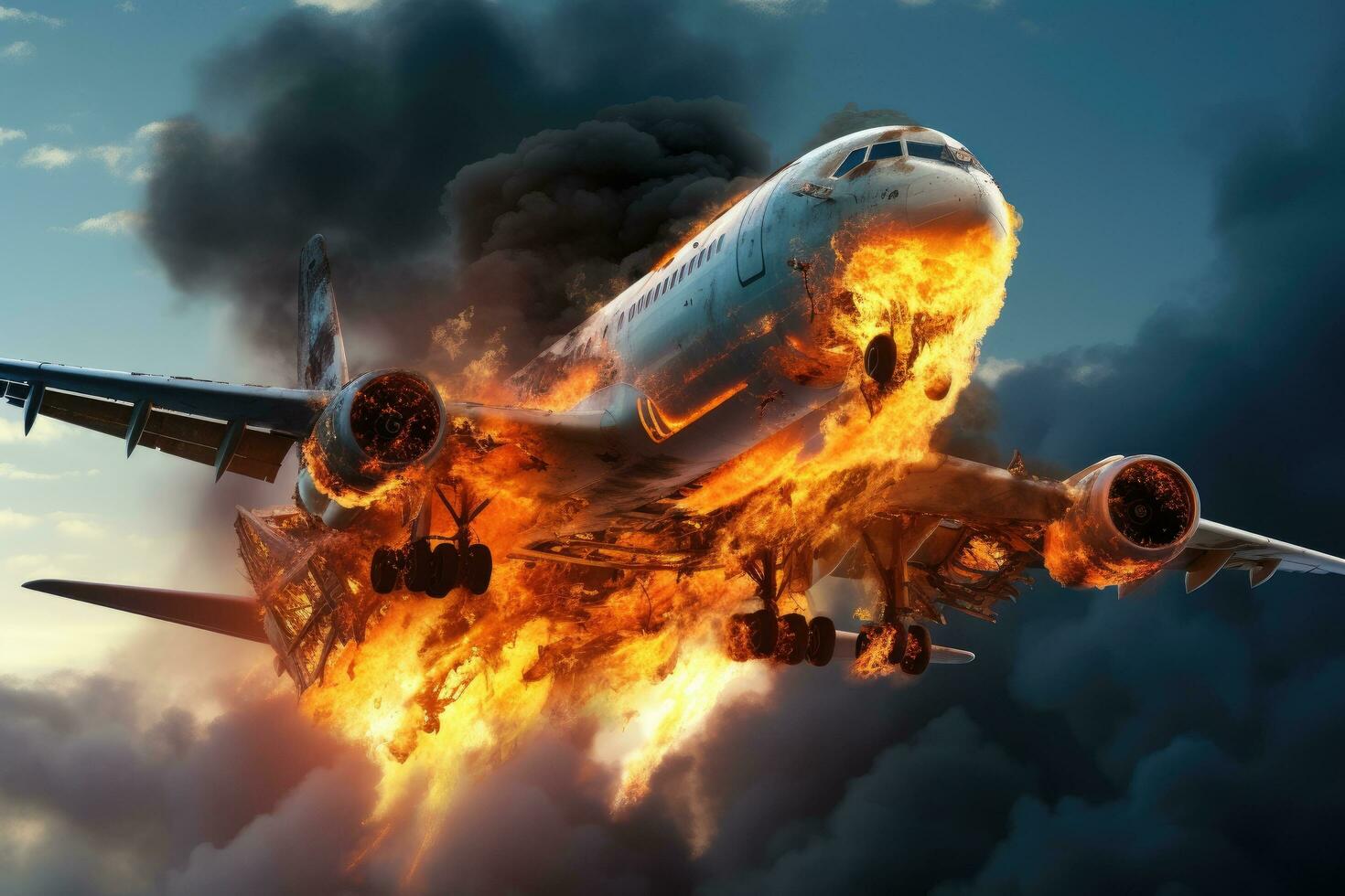 Airplane in the sky with smoke and fire. 3d illustration, Airplane with engine on fire, concept of aerial disaster, AI Generated photo