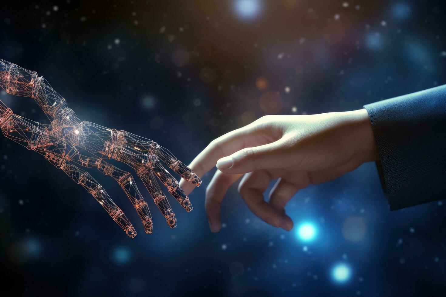 Close up of human hand touching with finger robot arm. 3D rendering, AI Machine learning Hands of robot and human touch, AI Generated photo