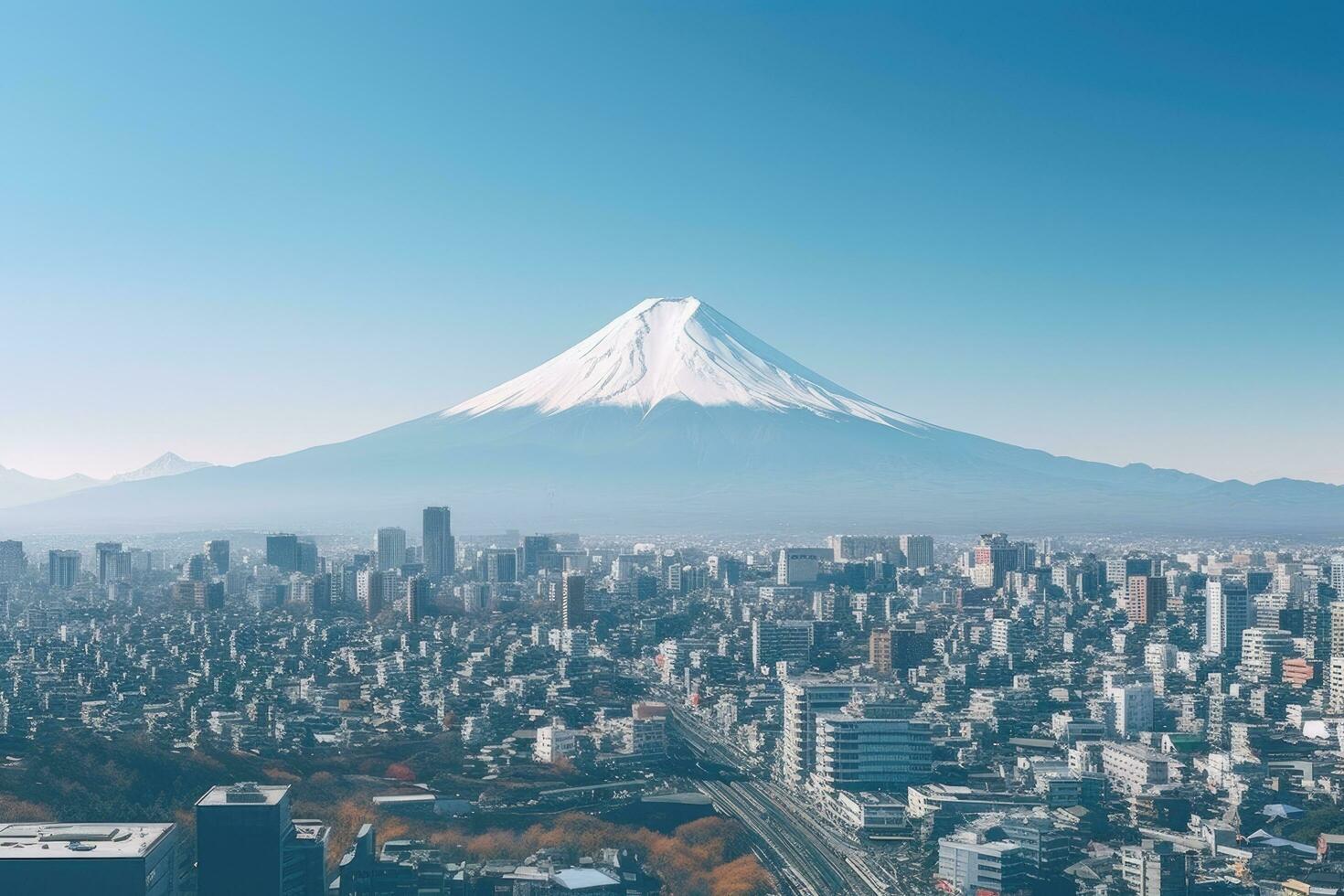 monte fuji y paisaje urbano de fujiyoshida, Japón, aéreo ver de tokio paisaje urbano con fuji montaña en Japón, ai generado foto