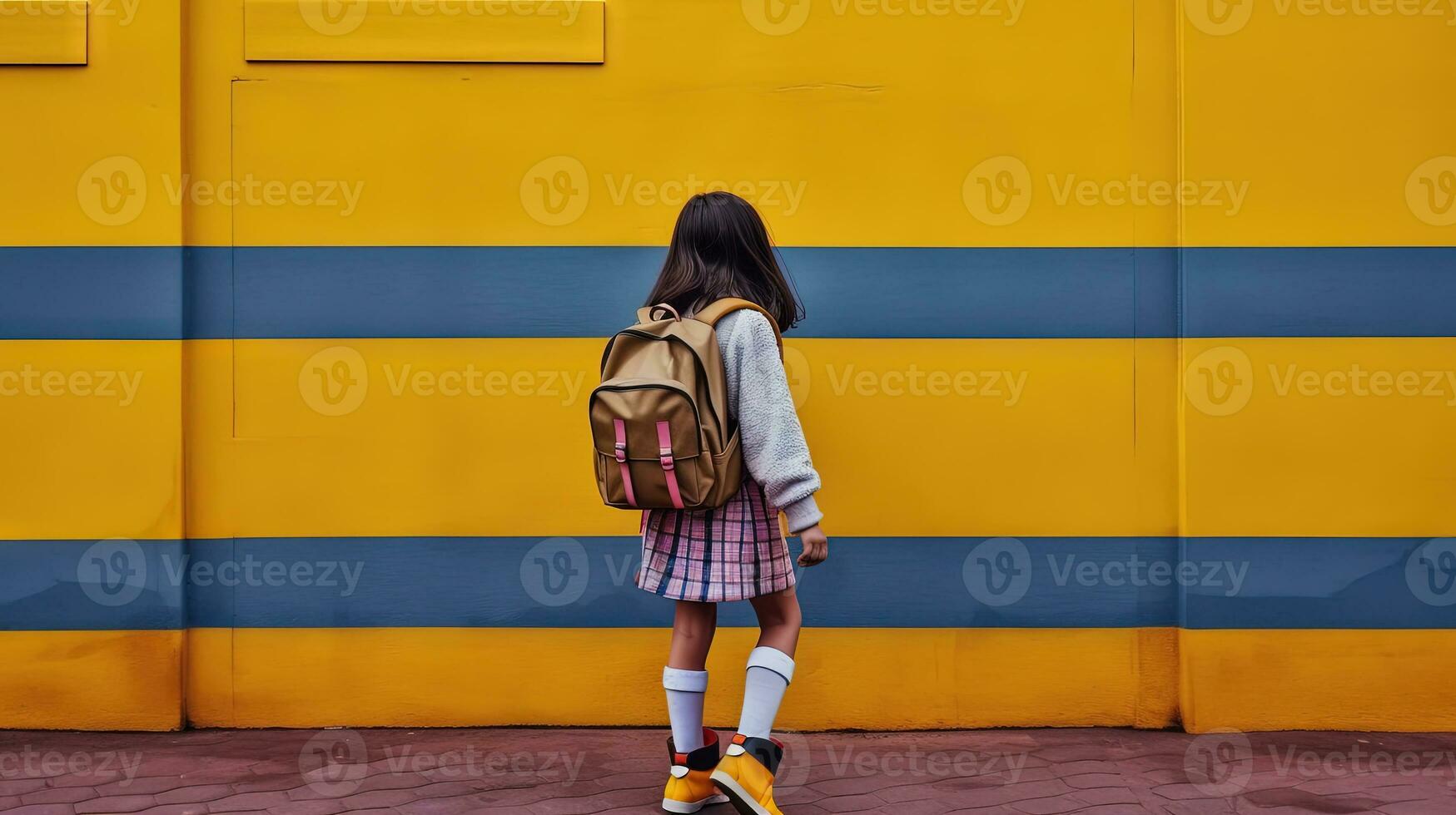 Schoolgirl standing by the wall. Colorful scene with girl with school backpack. Generated AI. photo