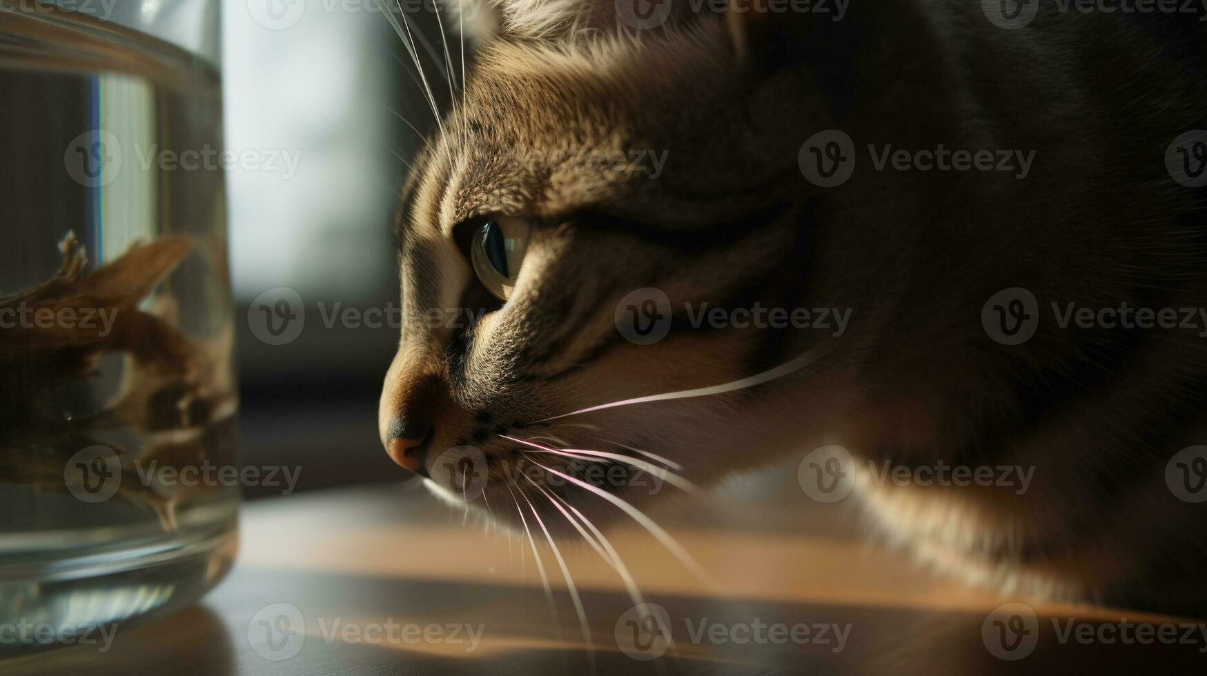 linda gato acecho el pez. gracioso gatito olfateando el pez. generado ai. foto