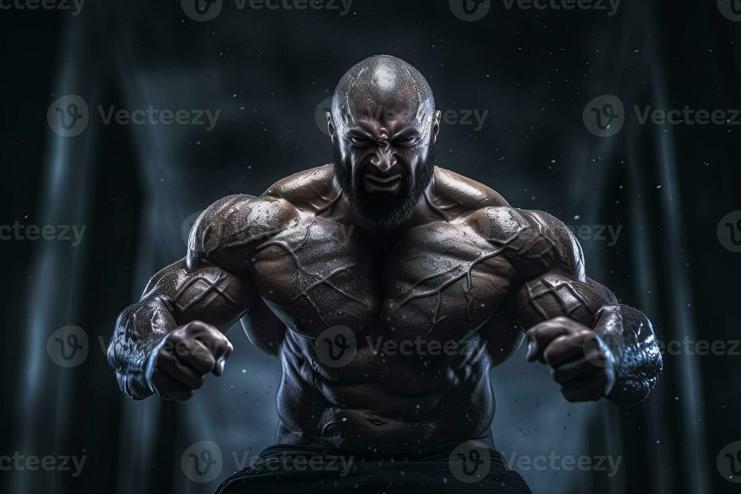 Extreme bodybuilder showing his muscles. Huge athlete demonstrating power. Generated AI. photo