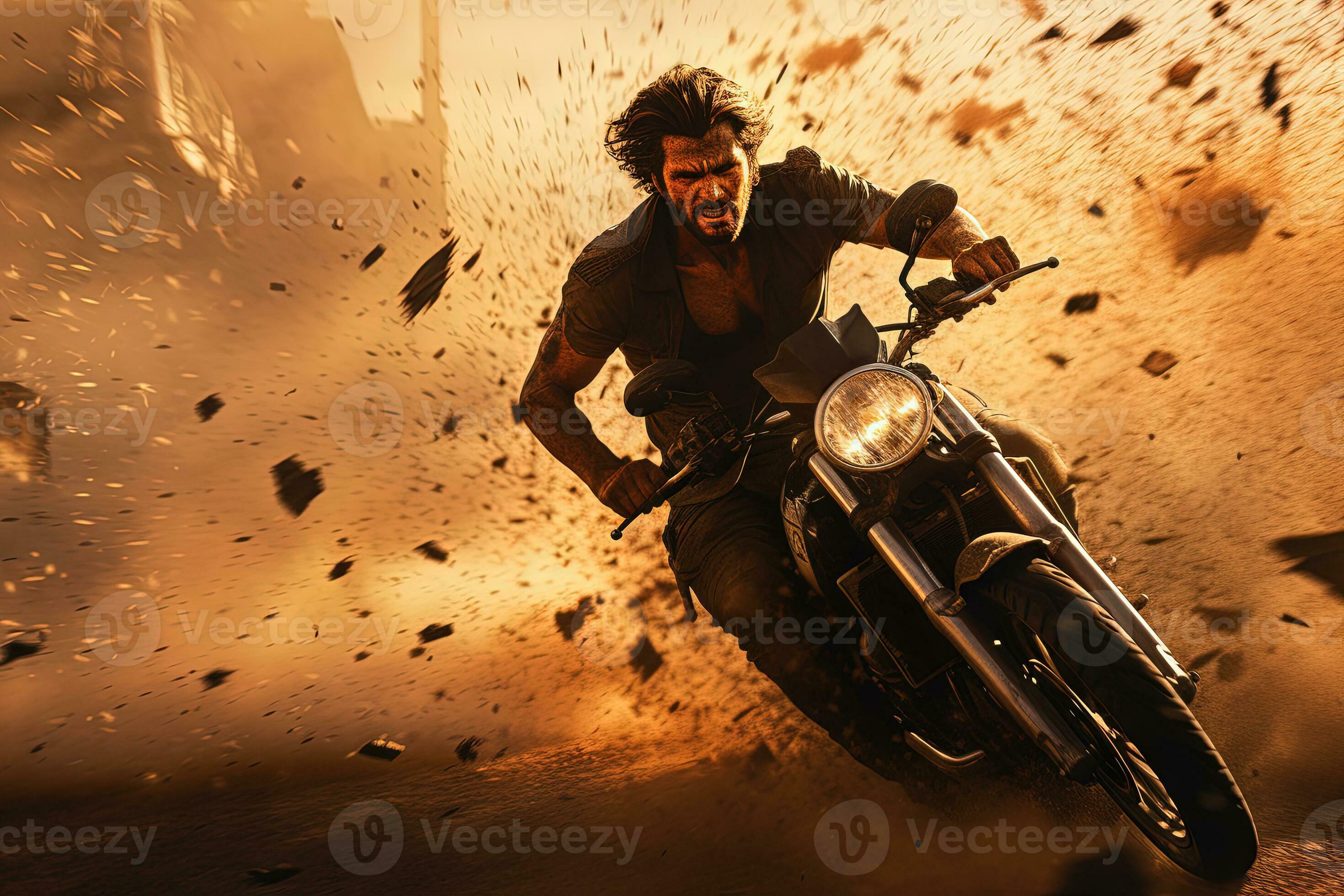 Action shot with man riding away from explosion on bike. Dynamic