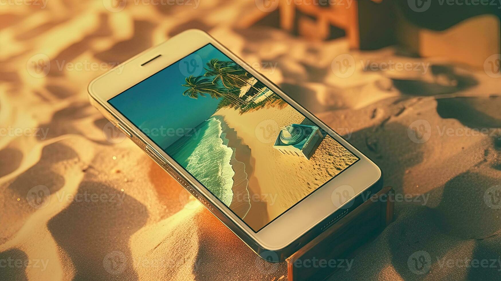 Smartphone in the sand of the beach. Vacation scene with phone on the shore line. Generative AI. photo