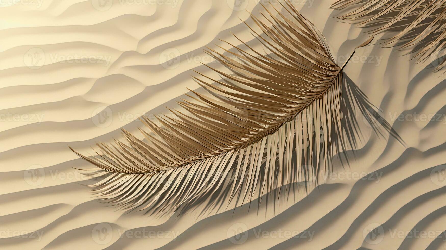 Plam leaf on the tropical beach sand. Vacation and relaxation concept with dry palm leaf on the hot summer beach. Generated AI. photo