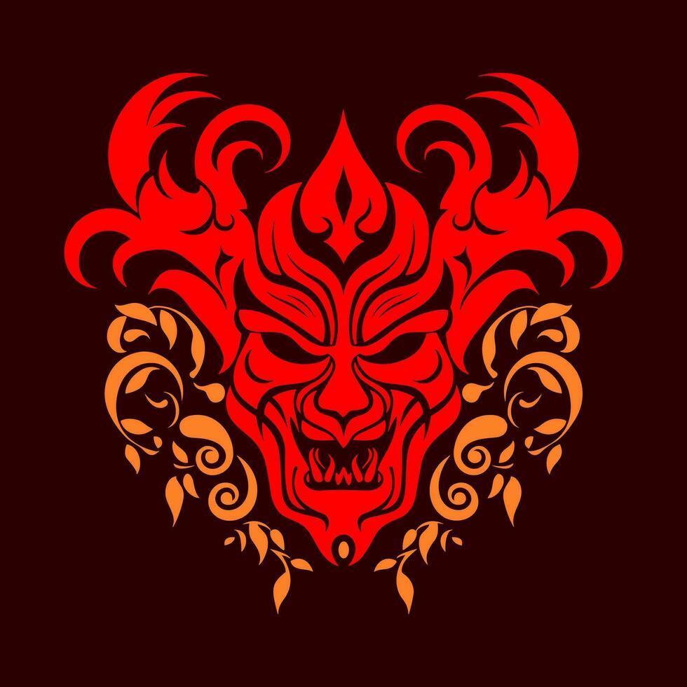 A red devil's head with sharp teeth and horns and floral flames below it on a dark background. Simple vector illustration, Halloween theme or tattoo idea.