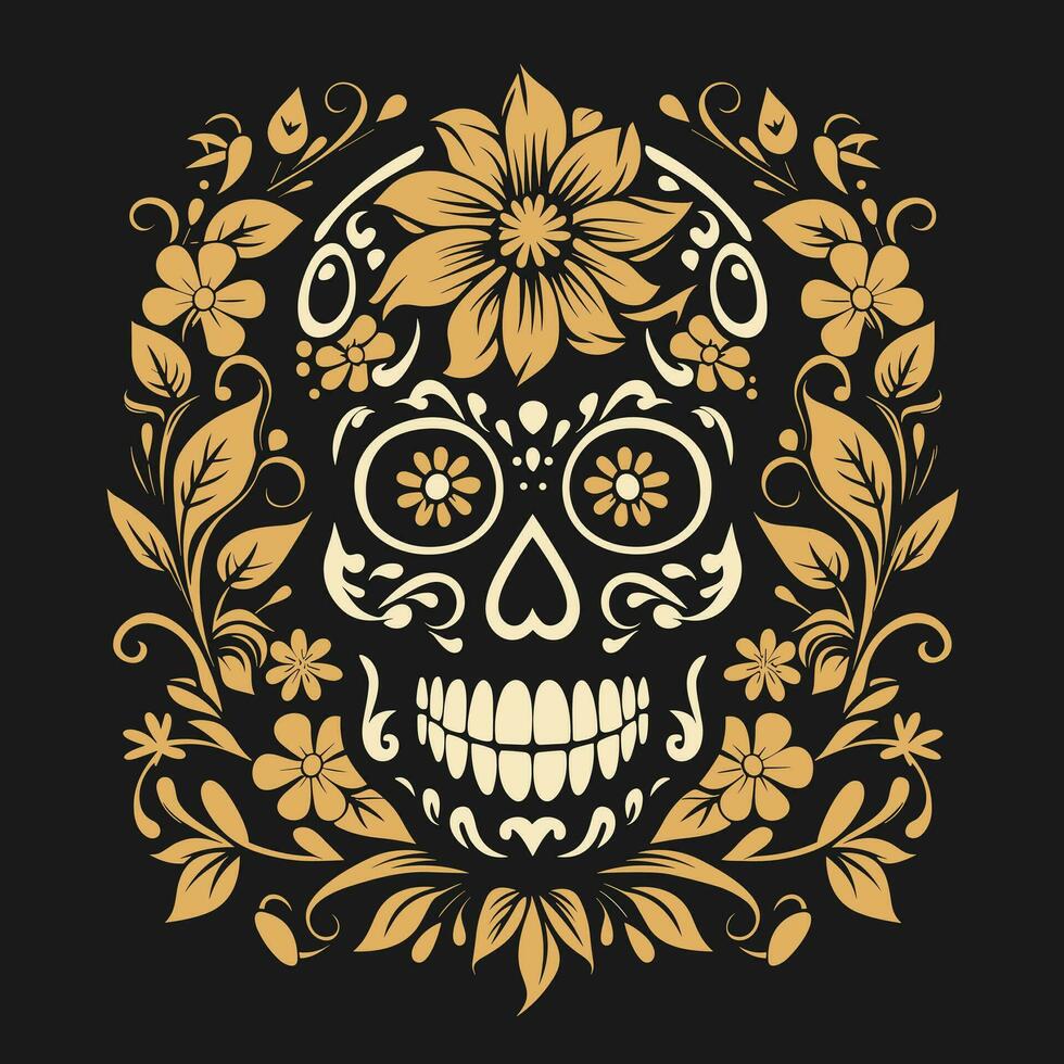 A sugar skull with floral patterns on a black background. Traditional Mexican folk art in a simple vector style, isolated on a dark background.
