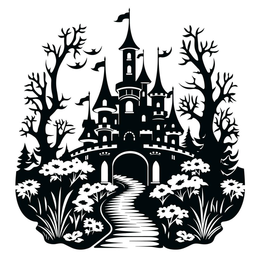 un castillo en el bosque, rodeado por arboles y arbustos, el misterio y encanto de un Víspera de Todos los Santos celebracion. sencillo negro y blanco vector ilustración, aislado en un blanco antecedentes.