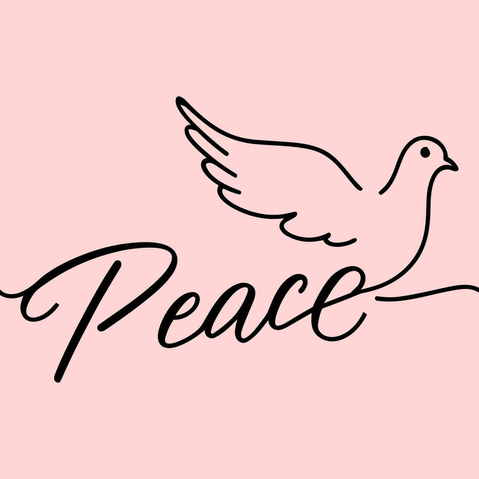 A dove silhouette flying over the word 'Peace', a symbol of peace and hope. Simple line vector style isolated on a monochrome background.