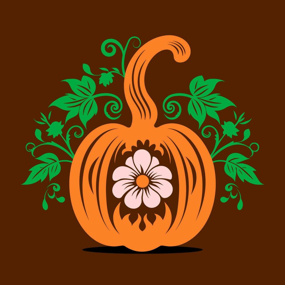 Beautiful and simple depiction of a pumpkin with a flower carved into it. A symbol of autumn and harvest and Halloween events. vector