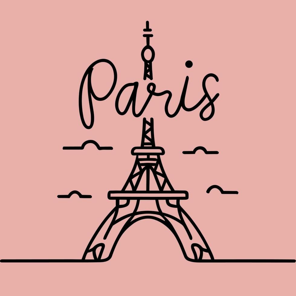 Eiffel Tower with the word 'Paris' in a simple line drawing style. Elegant vector illustration, isolated on a monochrome background.