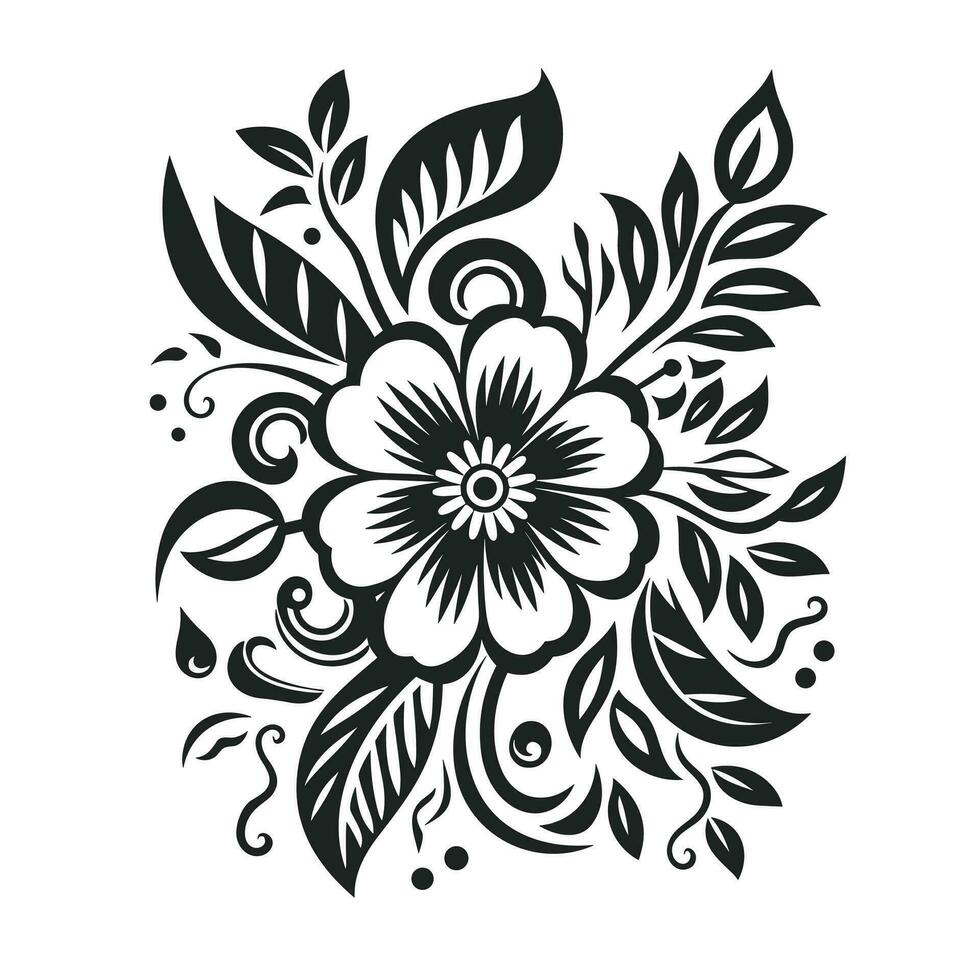 hermosa flor con hojas y remolinos en un sencillo vector estilo. negro y blanco elegante floral modelo para hogar decoración, vestir, vajilla.