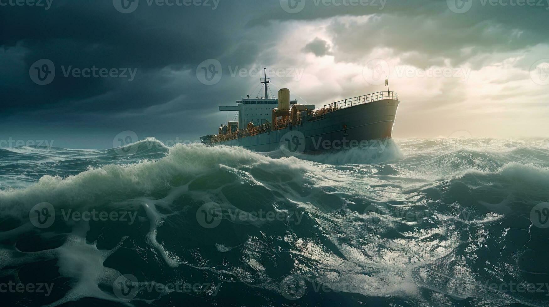 Ship in the stormy sea with huge waves. Giant stormy waves in the ocean and boat. Generated AI. photo