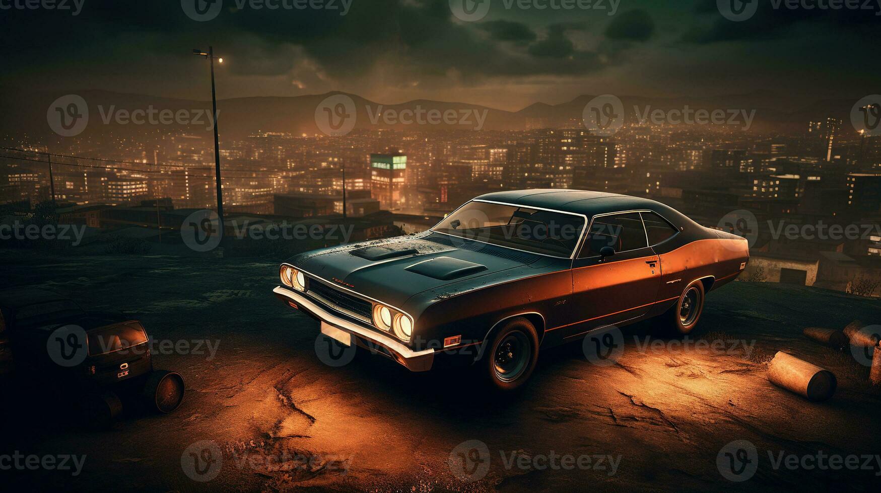 Vintage muscle car parked on the street at night. 80s styled synthwave retro scene with powerful drive in evening. Generated AI. photo