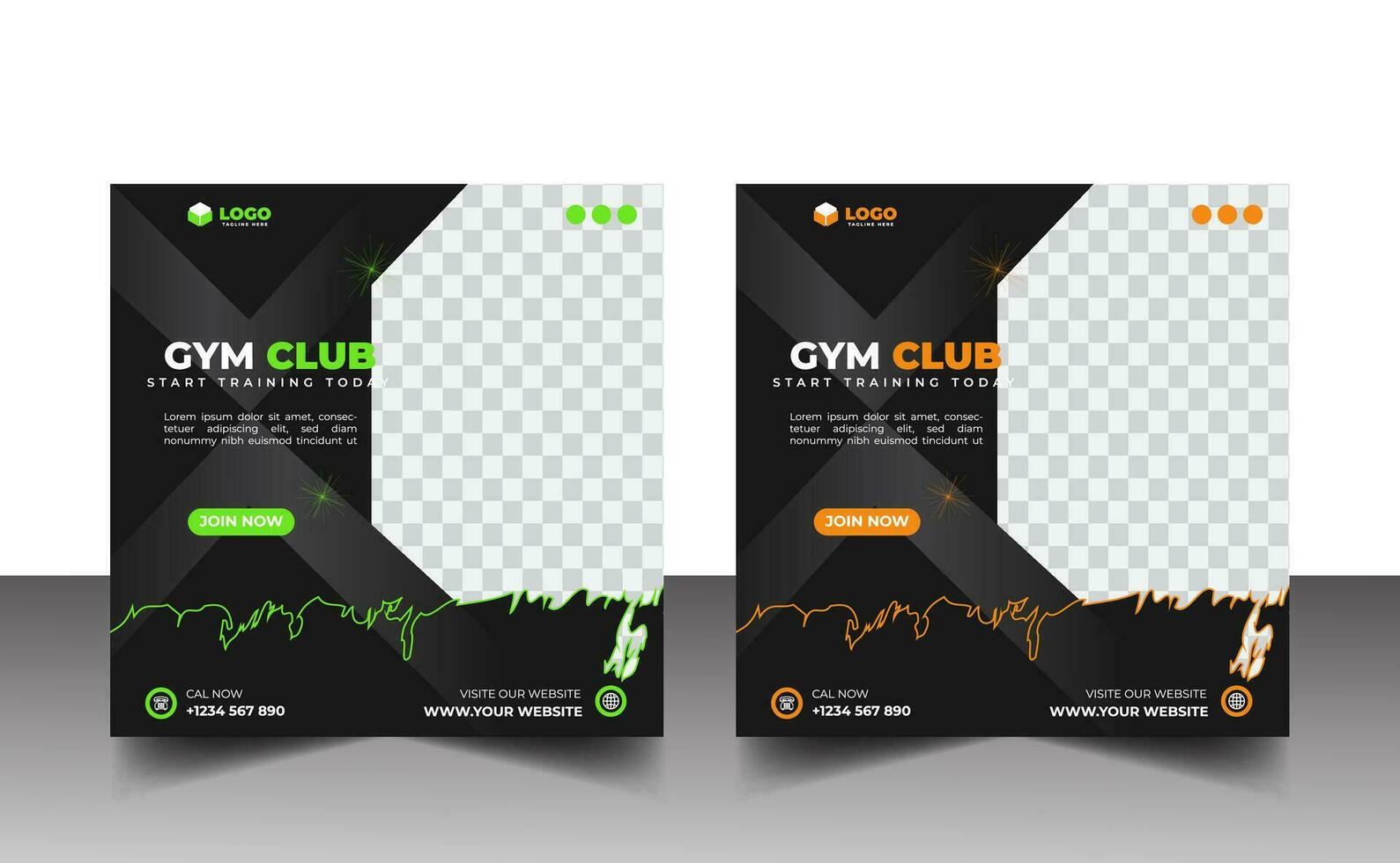 Gym, fitness, and sports social media post template design set. Usable for social media, banner, and website. vector