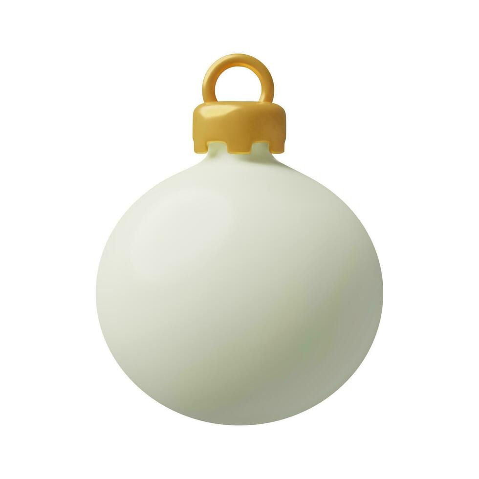 3D realistic Christmas ball. White and gold simple round ornament for New Year tree decoration. Three dimensional vector illustration isolated on white background.