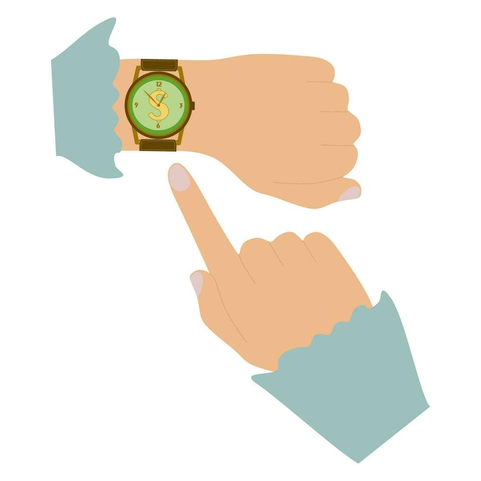 Businesswoman hand point at Wristwathes. Time is money. Vector time and financial management illustration. Flat style Business picture. Woman hands and Clock. Timing, planning, entrepreneur, meeting.