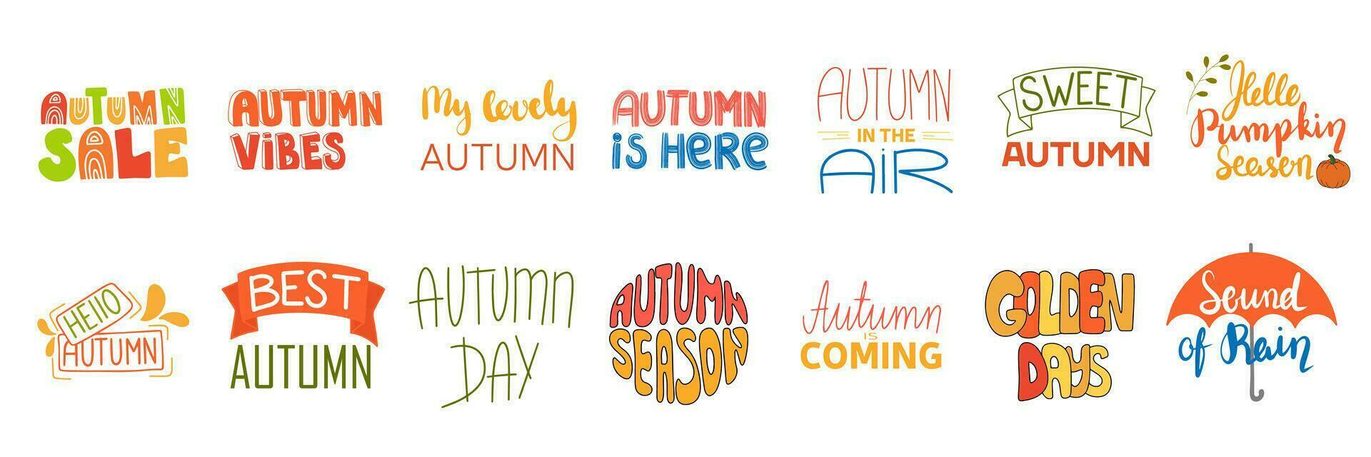 Autumn vibes, Autumn is here, Autumn sale, Golden days, Sound of rain, Hello pumpkin season. vector