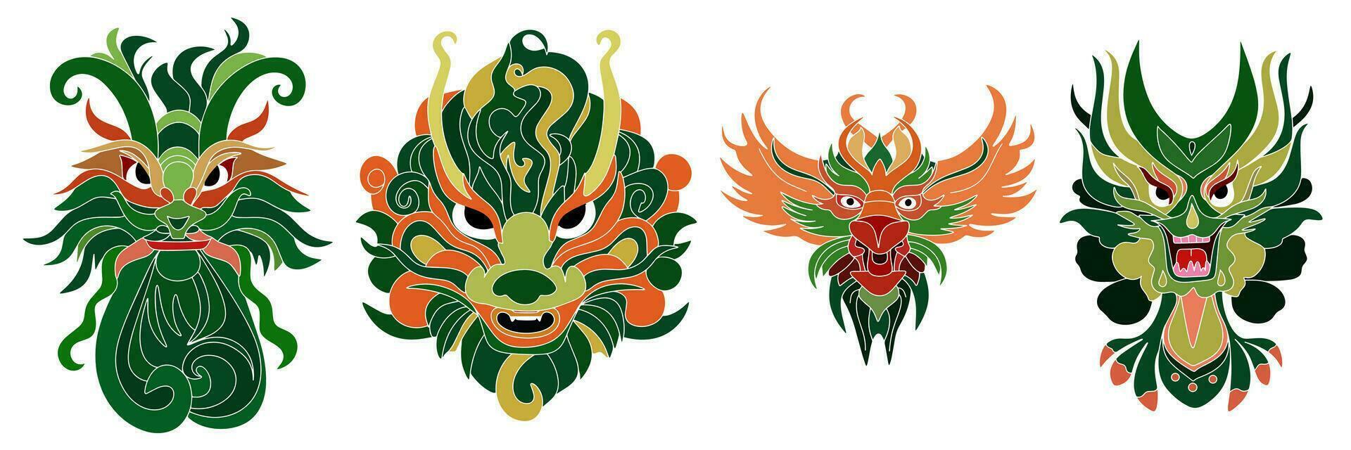 conjunto de verde del dragón cabezas mano dibujado continuar cabeza. continuar máscaras símbolo de 2024 año. vector ilustración.