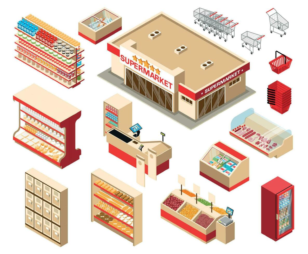 Supermarket Interior Isometric Set vector