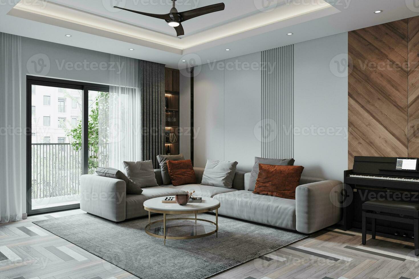 A clear view of a luxury living room interior design modern sofa, piano and wooden wall decor 3D Rendering photo