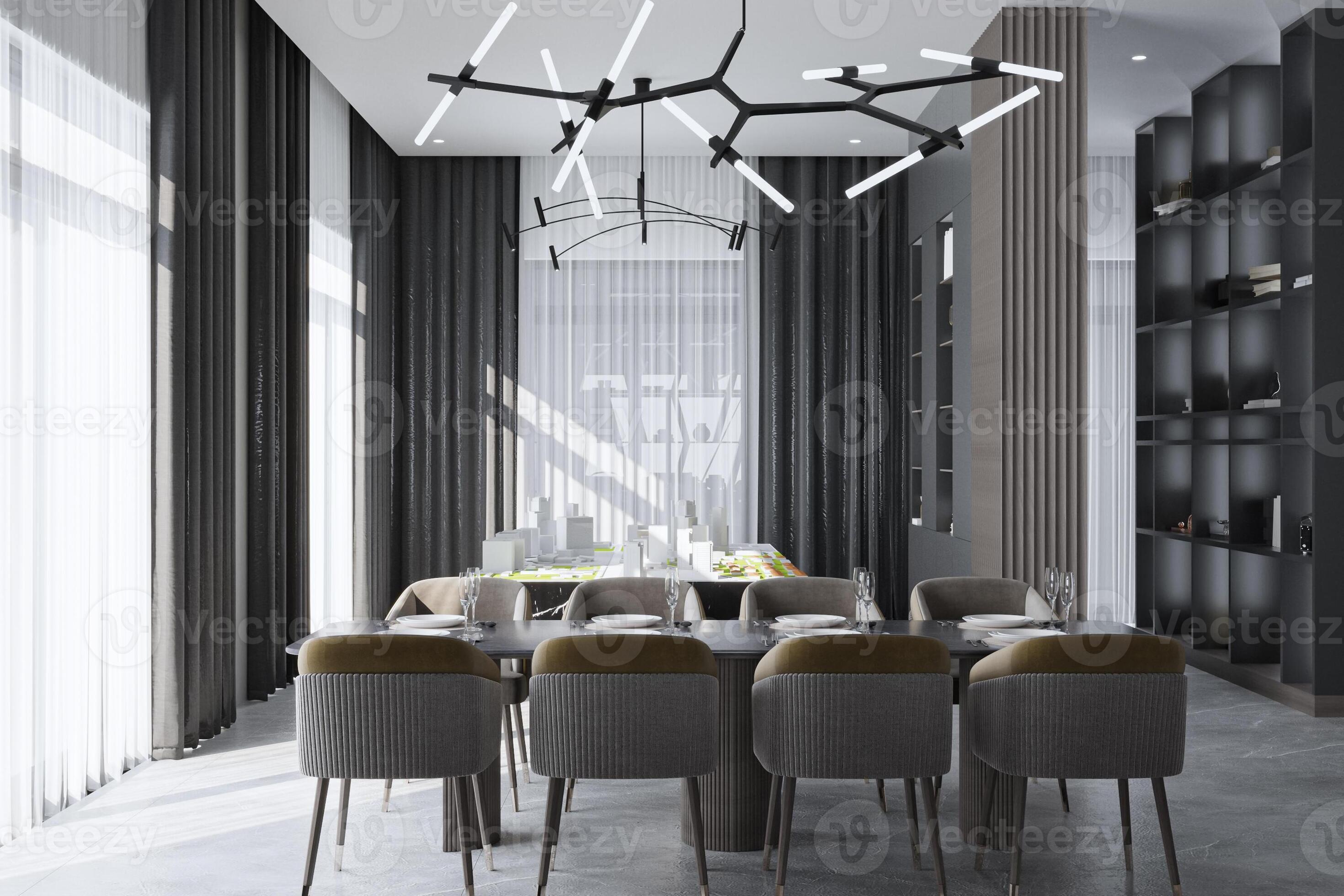 A smart dining table and chair interior design lighting decoration trendy lifestyle 3D Rendering