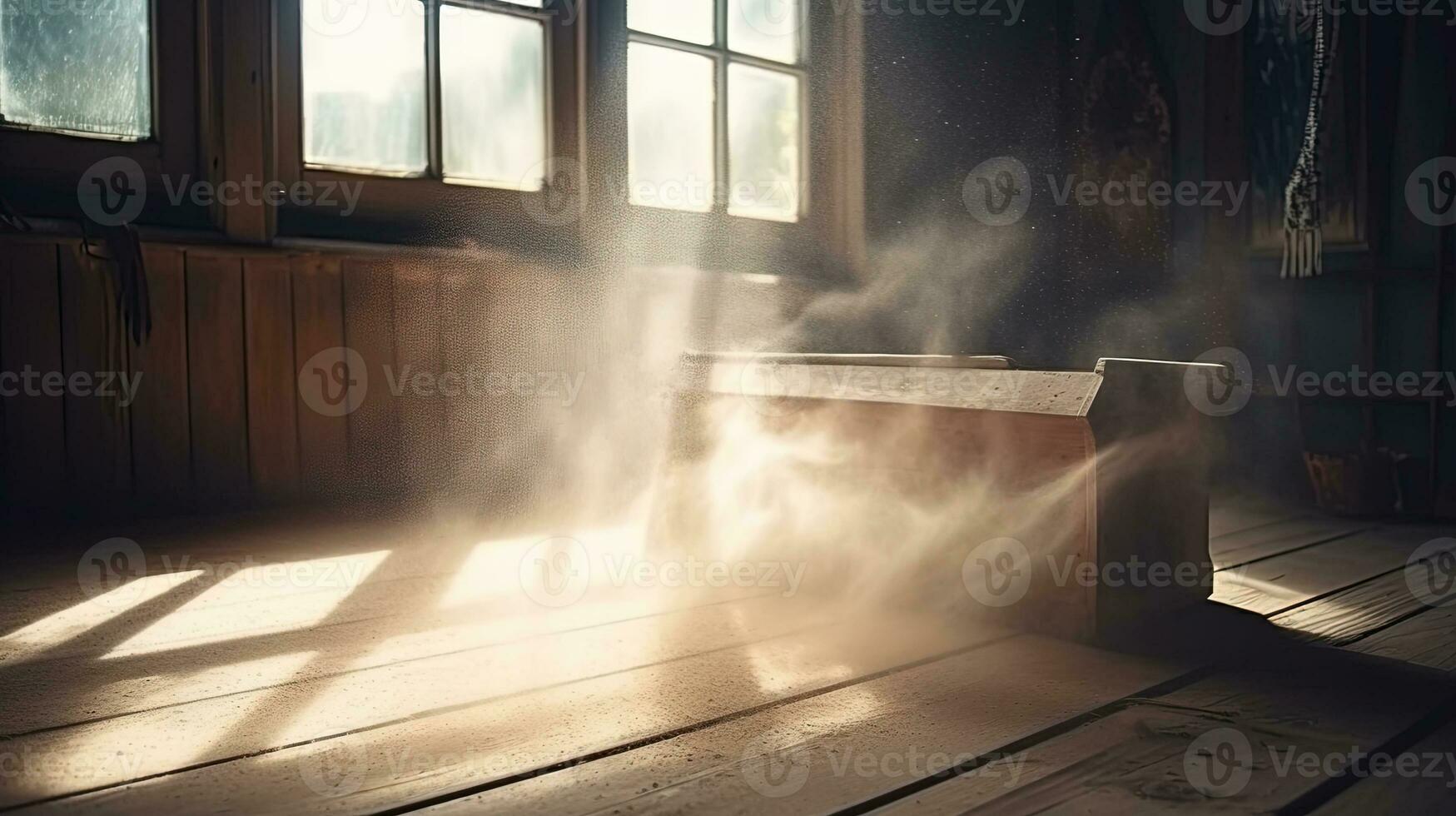 Dusty room with old distressed windows and sun rays. Abandoned grungy interior with lights in the dust. Generated AI. photo